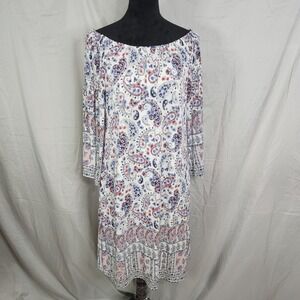 CATO Size Medium Pink Blue Paisley Smocked Off Shoulder Lined Shift Dress Pocket